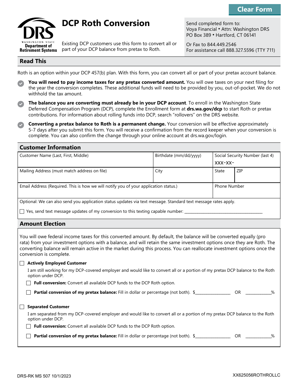 Form DRS-RK MS507 Dcp Roth Conversion - Washington, Page 1