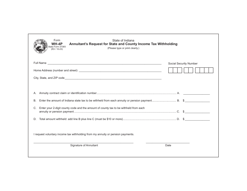 Form WH-4P (State Form 37365) Annuitant's Request for State and County Income Tax Withholding - Indiana