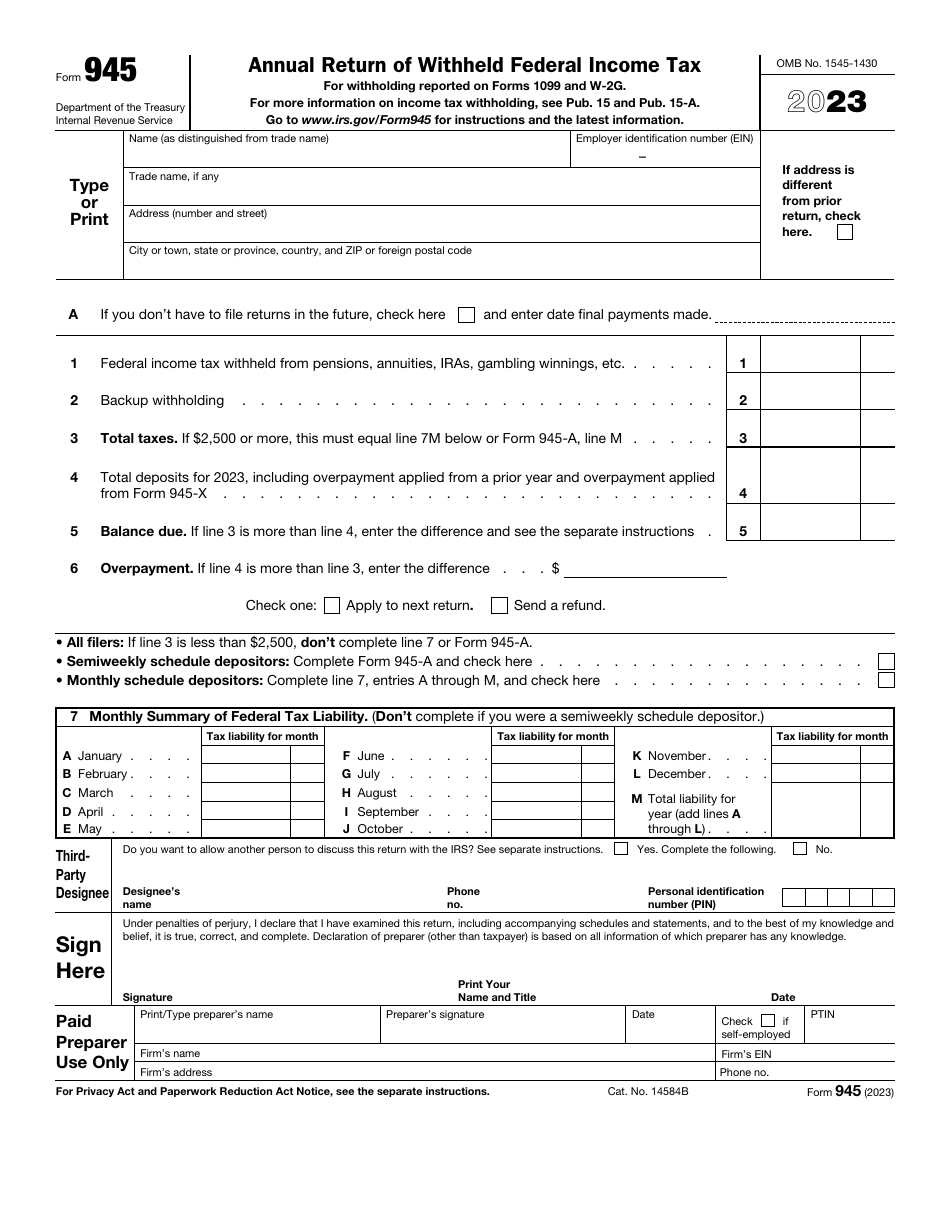 IRS Form 945 Annual Return of Withheld Federal Income Tax, Page 1