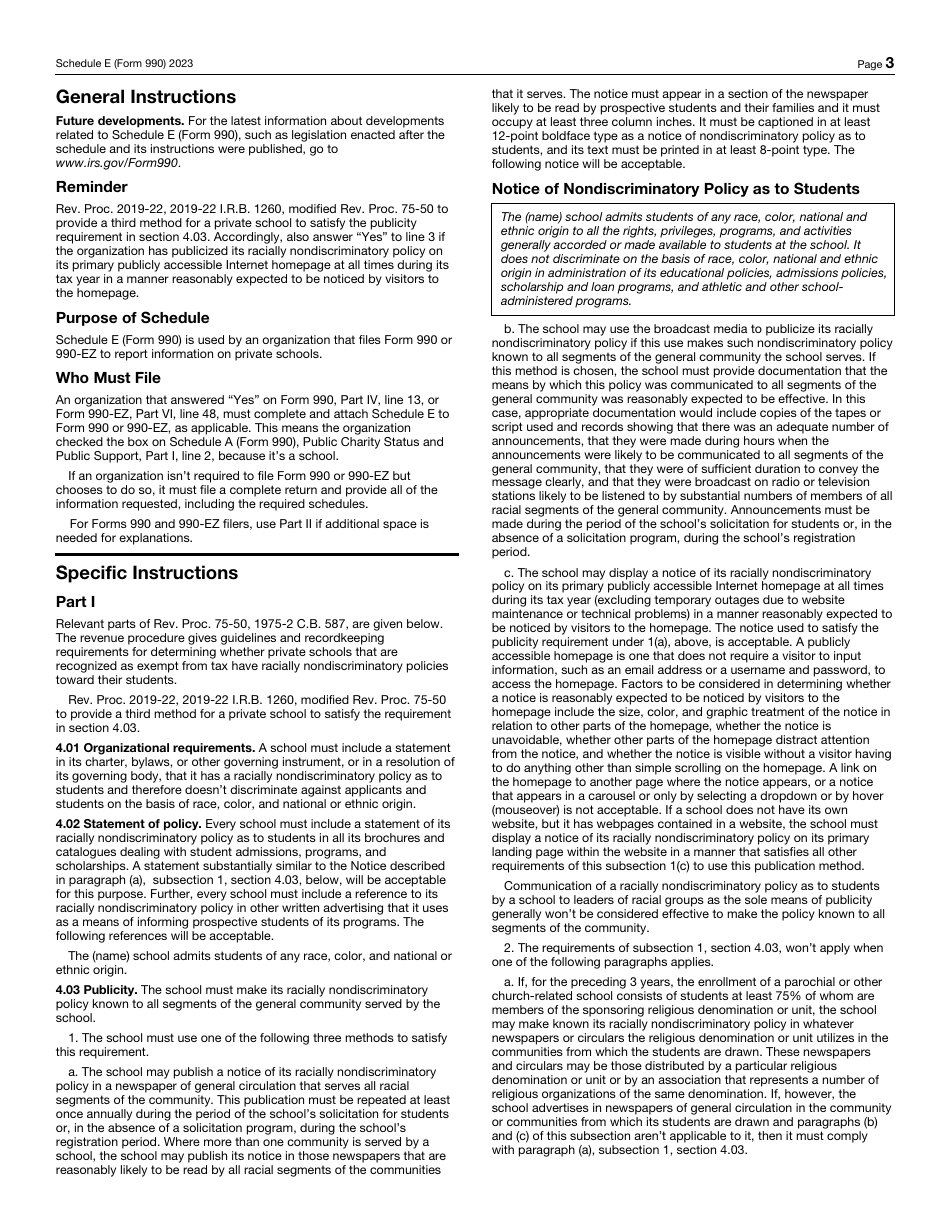 IRS Form 990 Schedule E Schools, Page 3