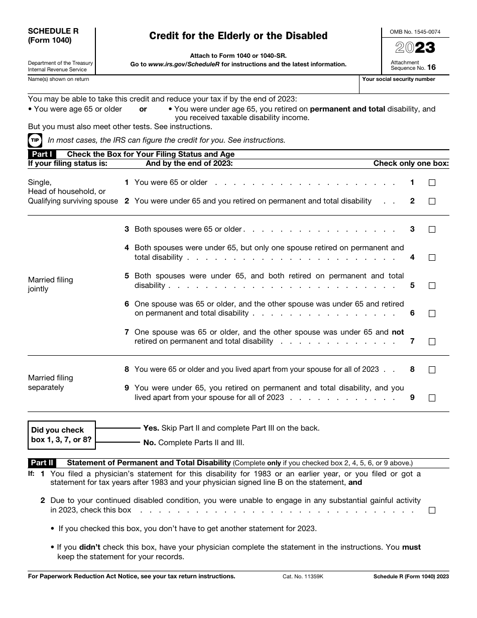 IRS Form 1040 Schedule R Credit for the Elderly or the Disabled, Page 1