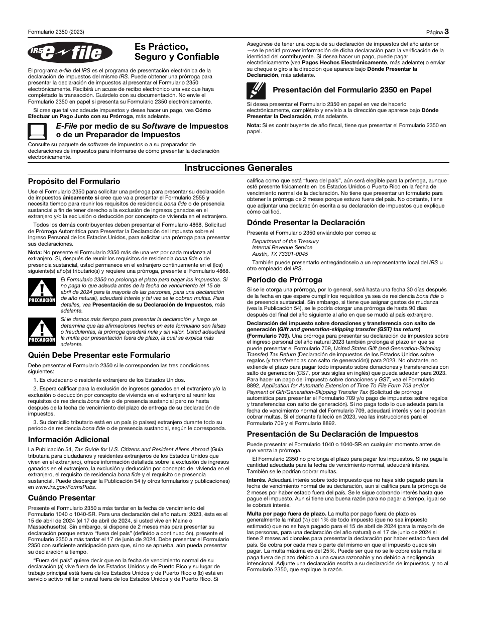 IRS Formulario 2350 (SP) Solicitud De Prorroga Para Presentar La Declaracion Del Impuesto Sobre El Ingreso Personal De Los Estados Unidos (Spanish), Page 3