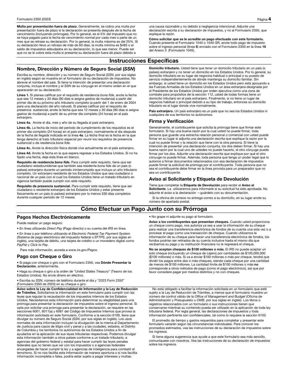 IRS Formulario 2350 (SP) Solicitud De Prorroga Para Presentar La Declaracion Del Impuesto Sobre El Ingreso Personal De Los Estados Unidos (Spanish), Page 4
