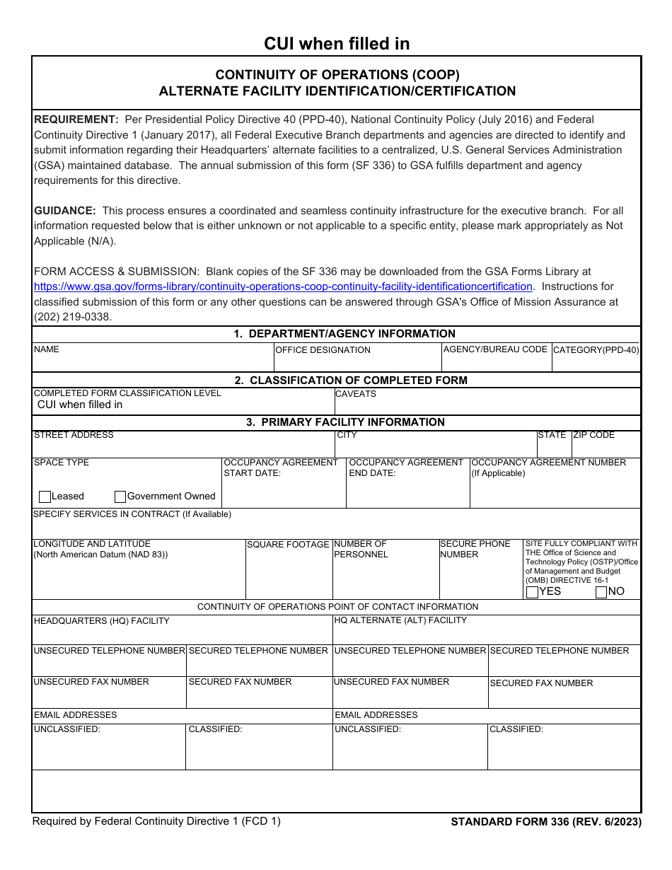 Form SF-336 Continuity of Operations (Coop) Alternate Facility Identification / Certification, Page 1