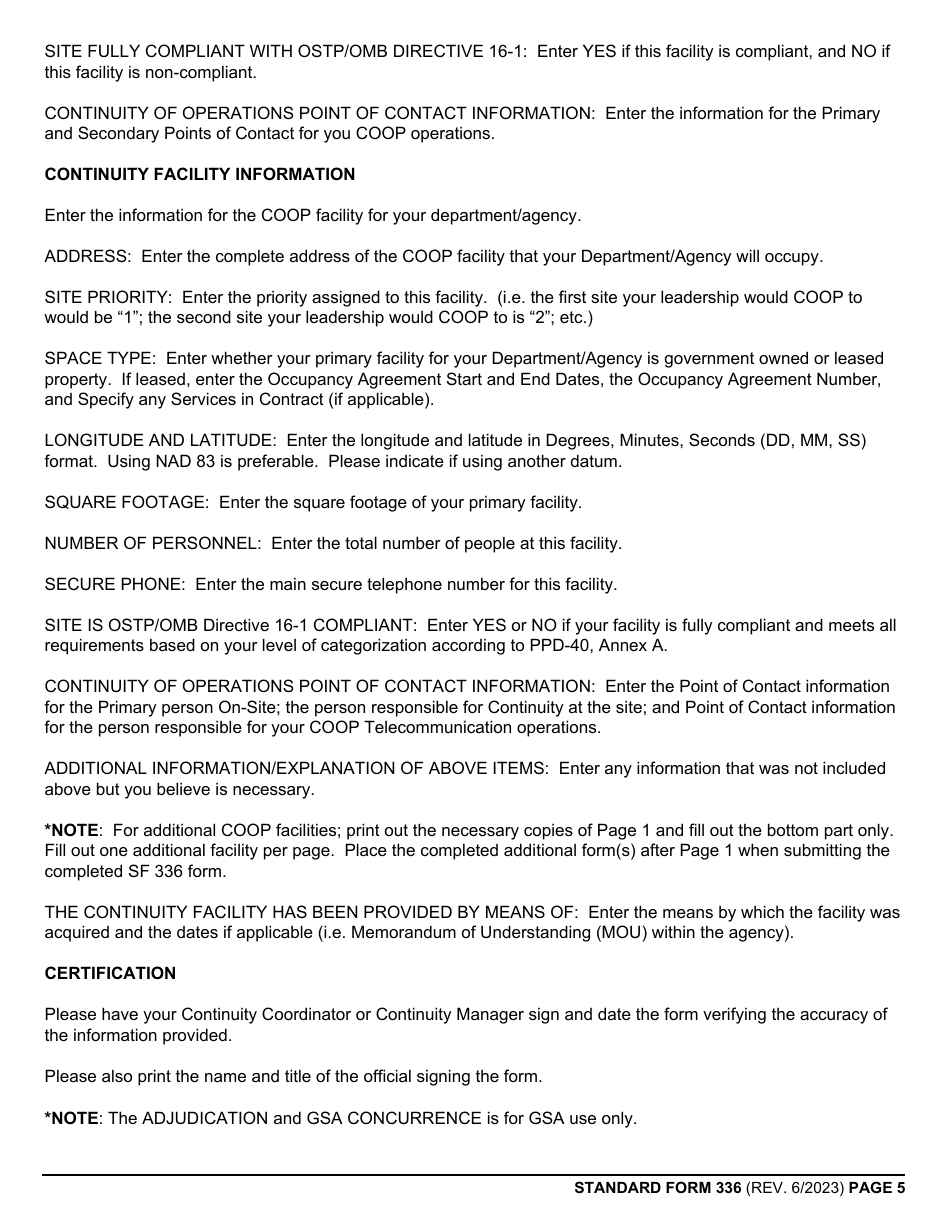 Form SF-336 Continuity of Operations (Coop) Alternate Facility Identification / Certification, Page 5