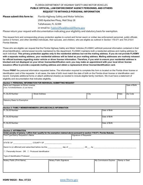Form HSMV96020 Public Official, Law Enforcement Agency Personnel and Others Request to Withhold Personal Information - Florida