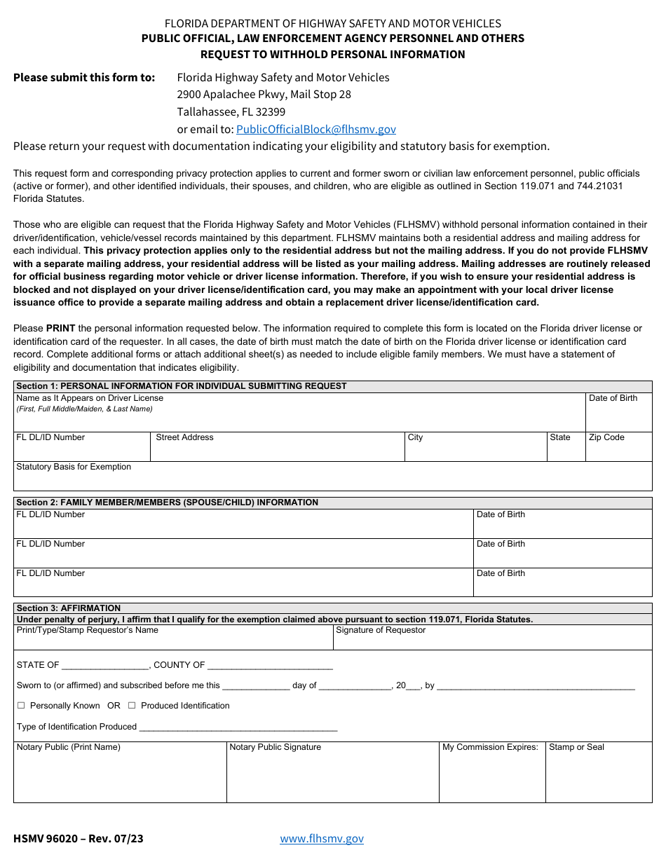 Form HSMV96020 - Fill Out, Sign Online and Download Fillable PDF ...