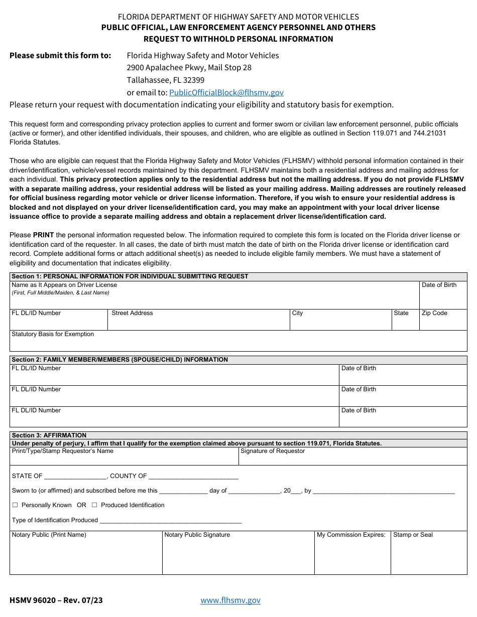 Form HSMV96020 Public Official, Law Enforcement Agency Personnel and Others Request to Withhold Personal Information - Florida, Page 1