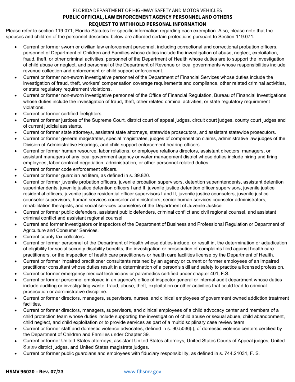 Form HSMV96020 Public Official, Law Enforcement Agency Personnel and Others Request to Withhold Personal Information - Florida, Page 2