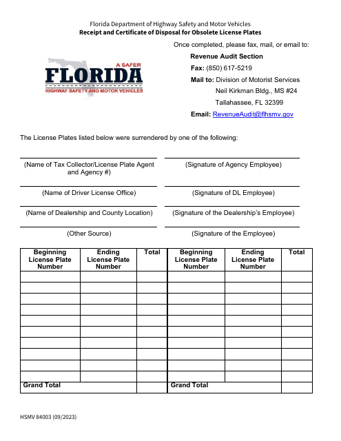 Form HSMV84003 Receipt and Certificate of Disposal for Obsolete License Plates - Florida