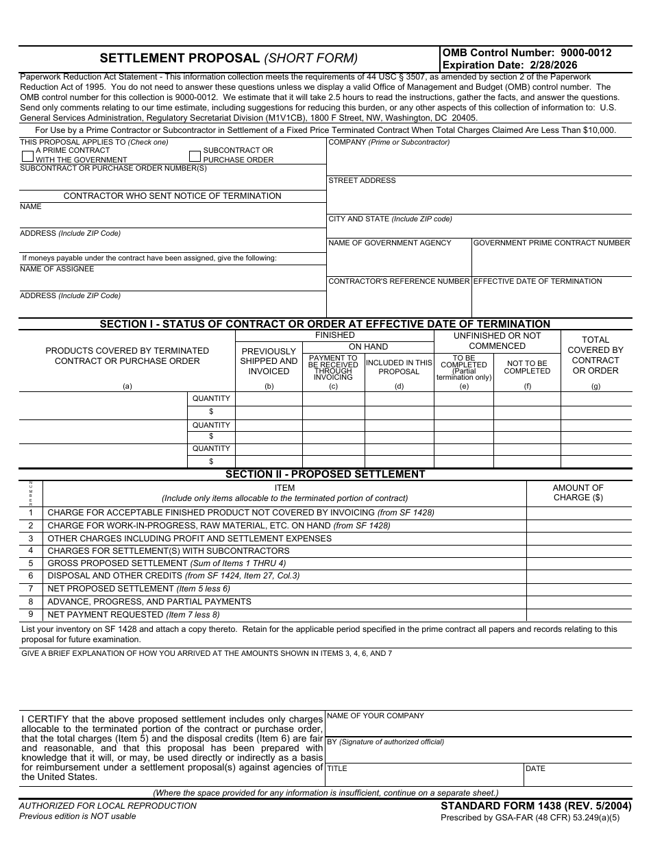 Form SF-1438 Settlement Proposal (Short Form), Page 1