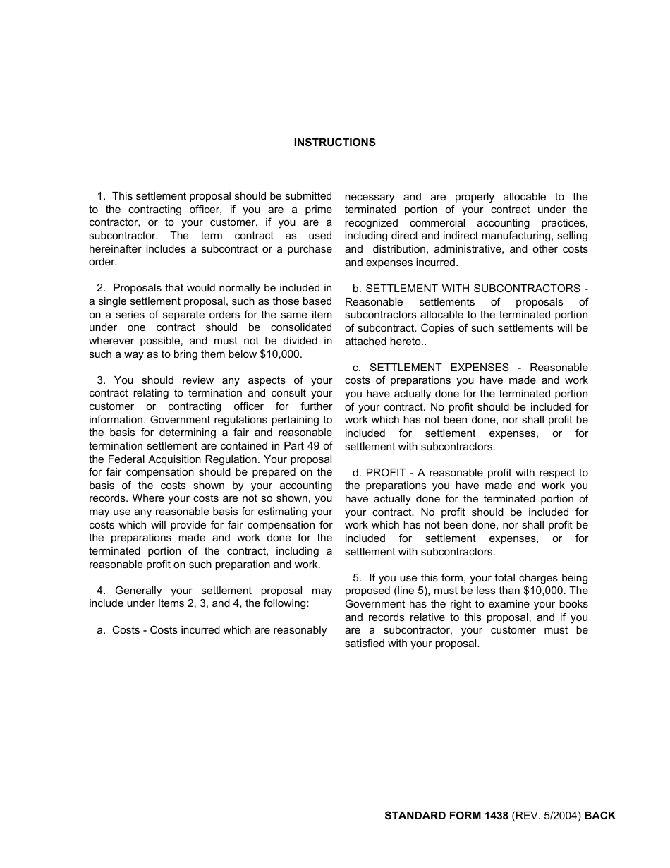 Form SF-1438 Settlement Proposal (Short Form), Page 2