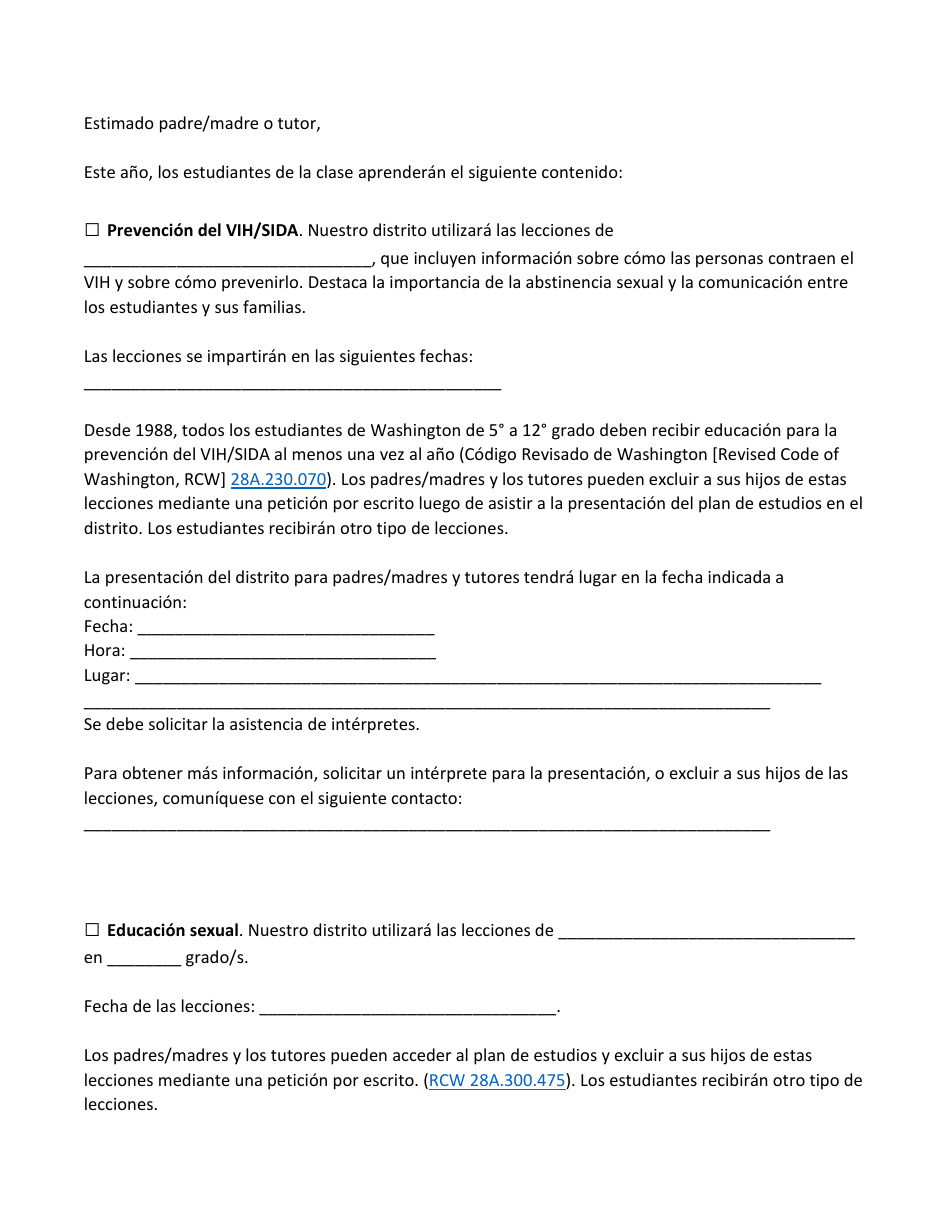 Combined HIV / She Parent Notification Letter - Washington (Spanish), Page 1