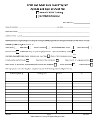 Document preview: Agenda and Sign-In Sheet for Annual CACFP Training/Civil Rights Training - Child and Adult Care Food Program - Washington