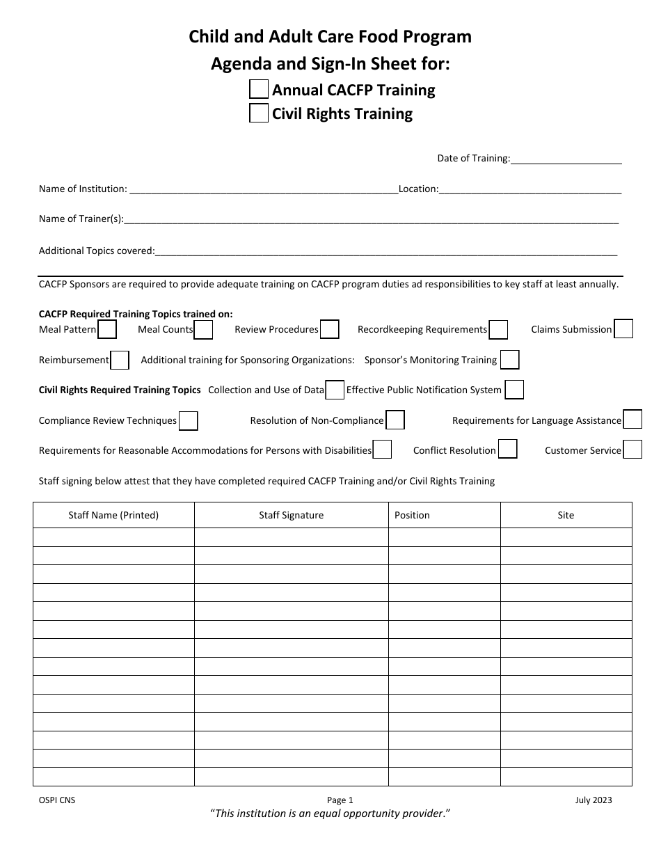 Agenda and Sign-In Sheet for Annual CACFP Training / Civil Rights Training - Child and Adult Care Food Program - Washington, Page 1