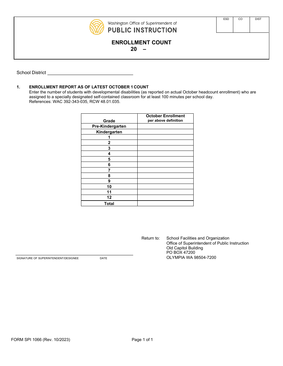 Form SPI1066 Enrollment Count - Students With Developmental Disabilities - Washington, Page 1