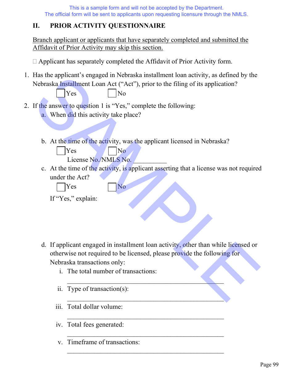 Nebraska Installment Loan License Application Questionnaire and Hearing Waiver Request Form - Sample - Nebraska, Page 10