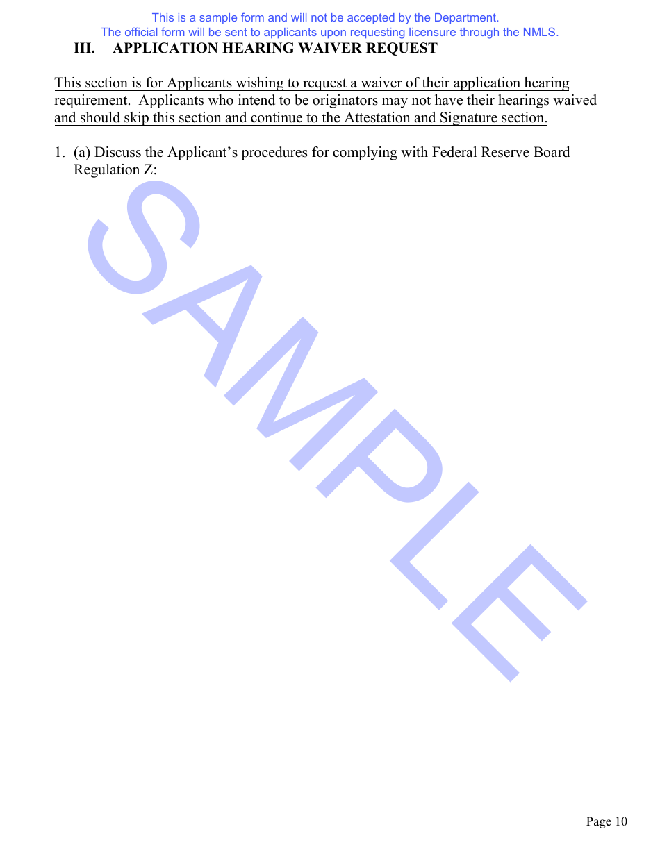 Nebraska Installment Loan License Application Questionnaire and Hearing Waiver Request Form - Sample - Nebraska, Page 11