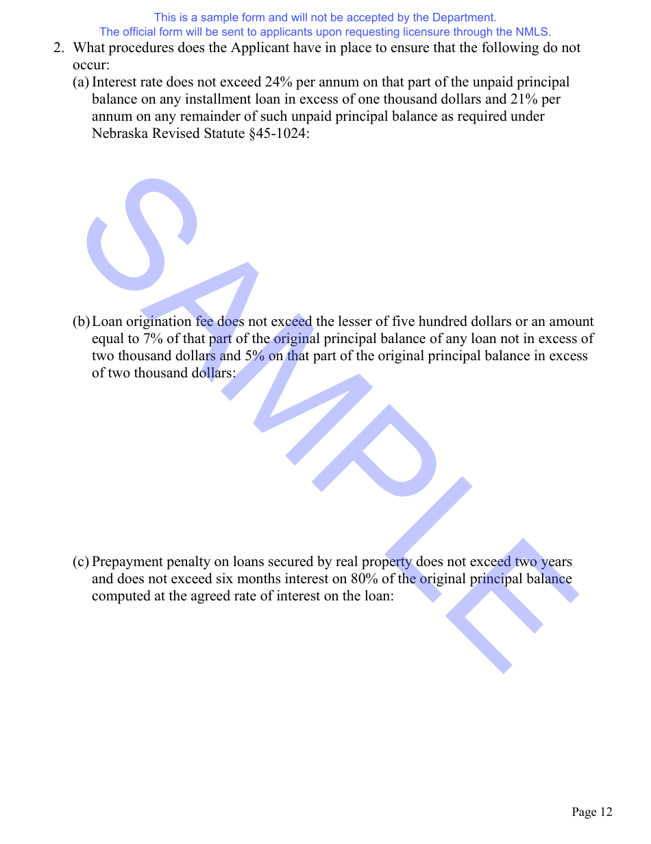 Nebraska Installment Loan License Application Questionnaire and Hearing Waiver Request Form - Sample - Nebraska, Page 13