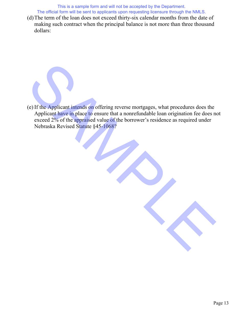 Nebraska Installment Loan License Application Questionnaire and Hearing Waiver Request Form - Sample - Nebraska, Page 14