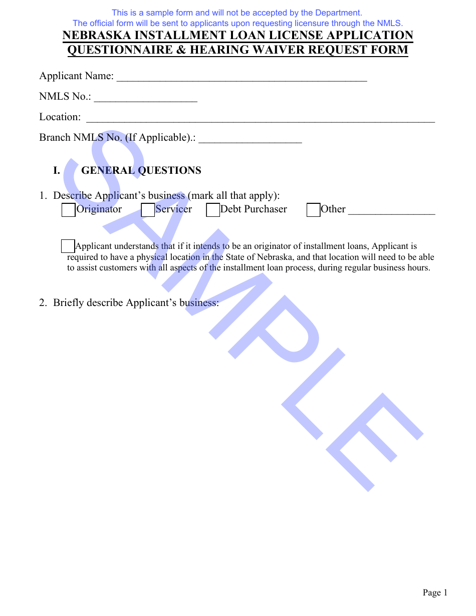 Nebraska Installment Loan License Application Questionnaire and Hearing Waiver Request Form - Sample - Nebraska, Page 2