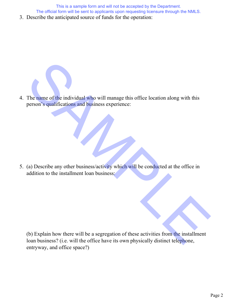 Nebraska Installment Loan License Application Questionnaire and Hearing Waiver Request Form - Sample - Nebraska, Page 3