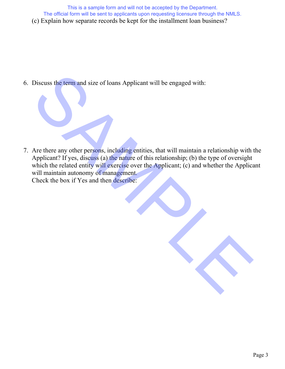 Nebraska Installment Loan License Application Questionnaire and Hearing Waiver Request Form - Sample - Nebraska, Page 4