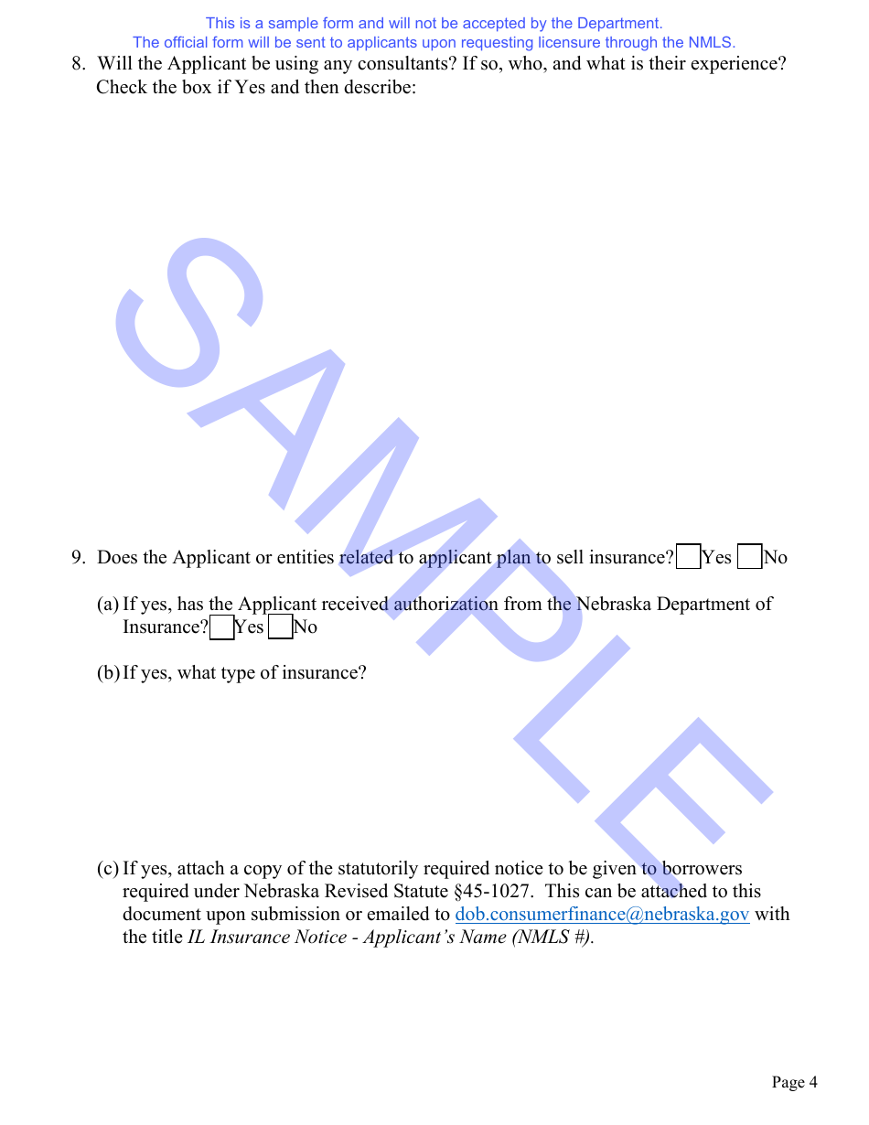 Nebraska Installment Loan License Application Questionnaire and Hearing Waiver Request Form - Sample - Nebraska, Page 5