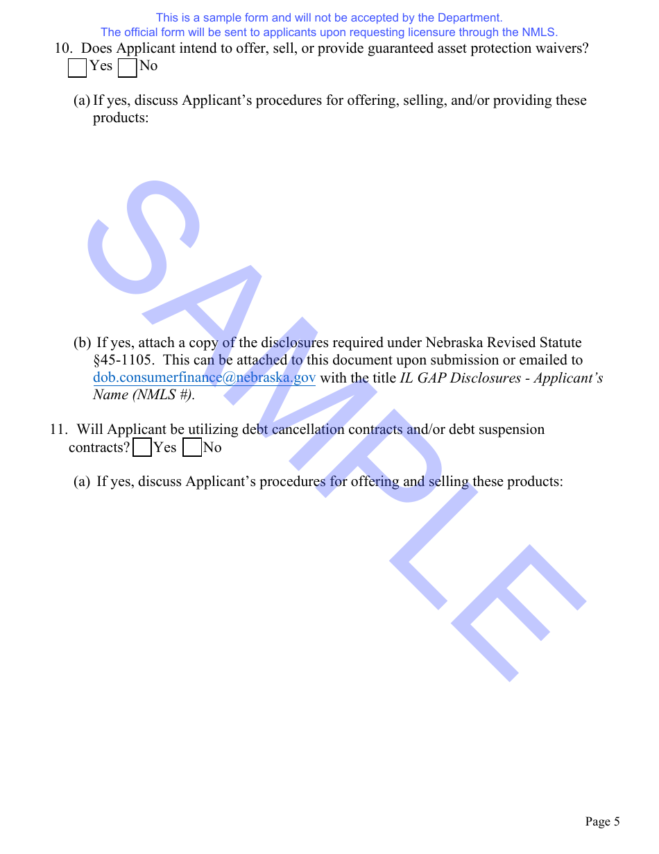Nebraska Installment Loan License Application Questionnaire and Hearing Waiver Request Form - Sample - Nebraska, Page 6