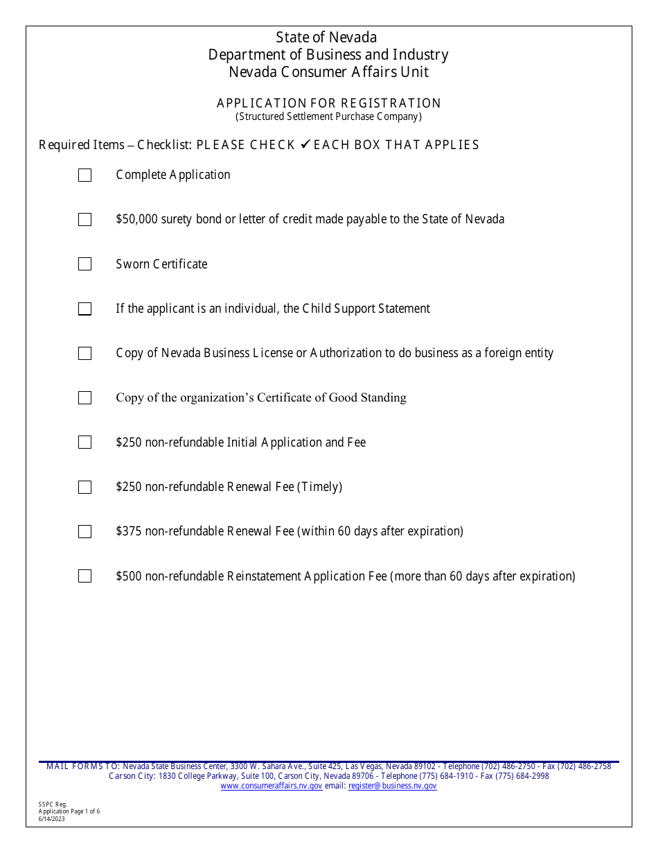 Application for Registration (Structured Settlement Purchase Company) - Nevada, Page 1