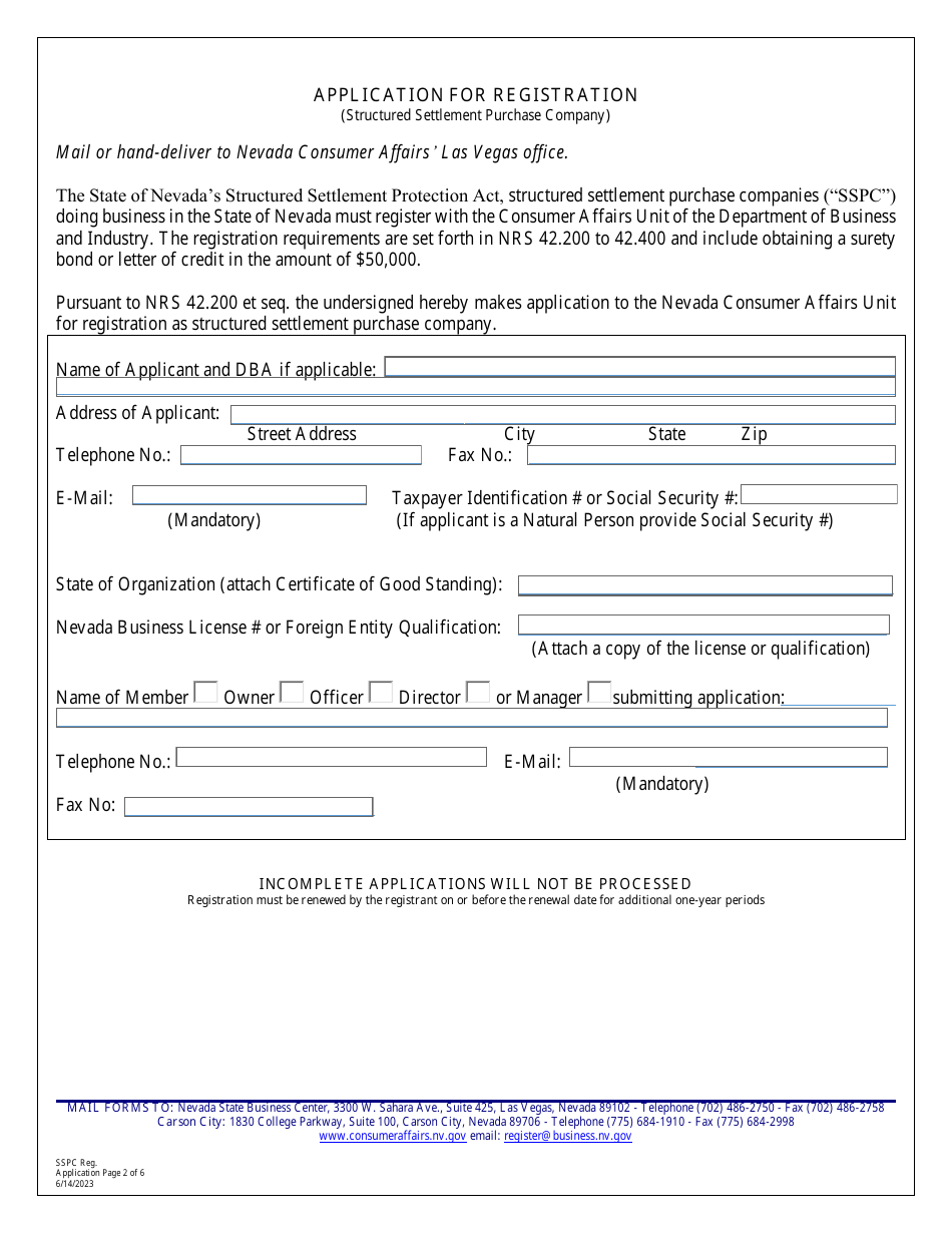 Application for Registration (Structured Settlement Purchase Company) - Nevada, Page 2