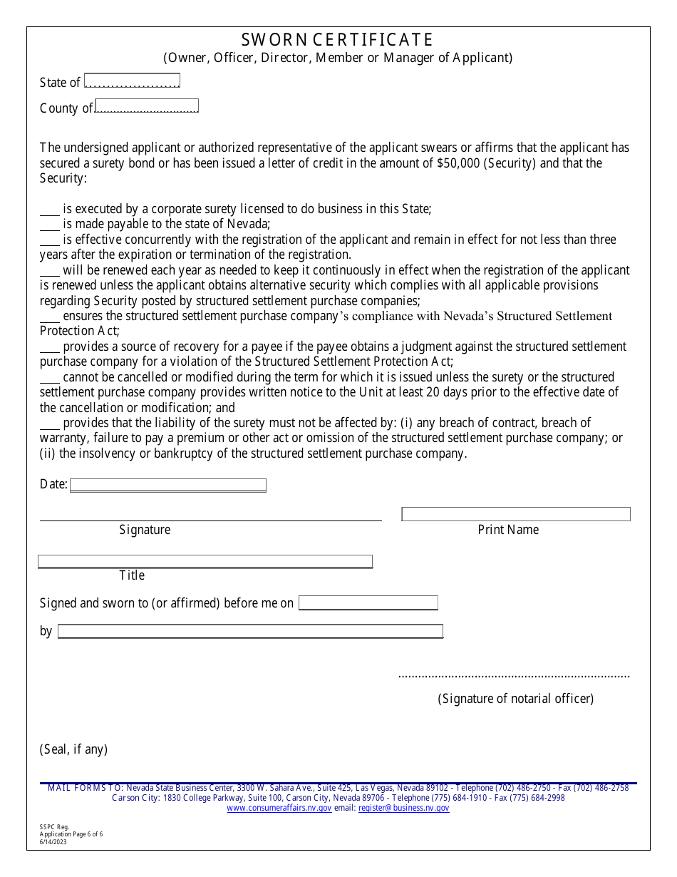 Application for Registration (Structured Settlement Purchase Company) - Nevada, Page 6