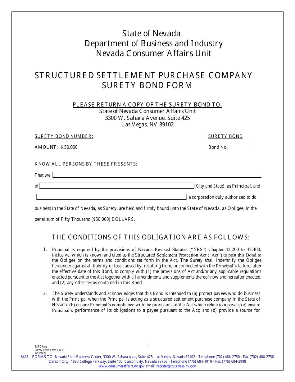 Structured Settlement Purchase Company Surety Bond Form - Nevada, Page 1