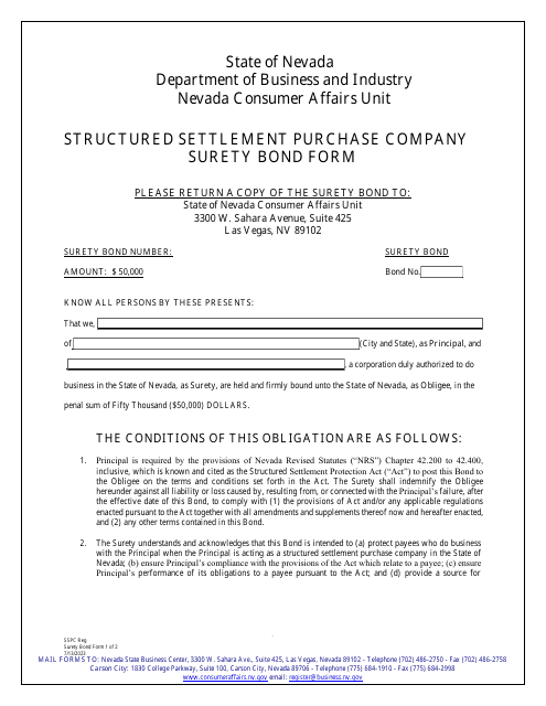 Structured Settlement Purchase Company Surety Bond Form - Nevada Download Pdf