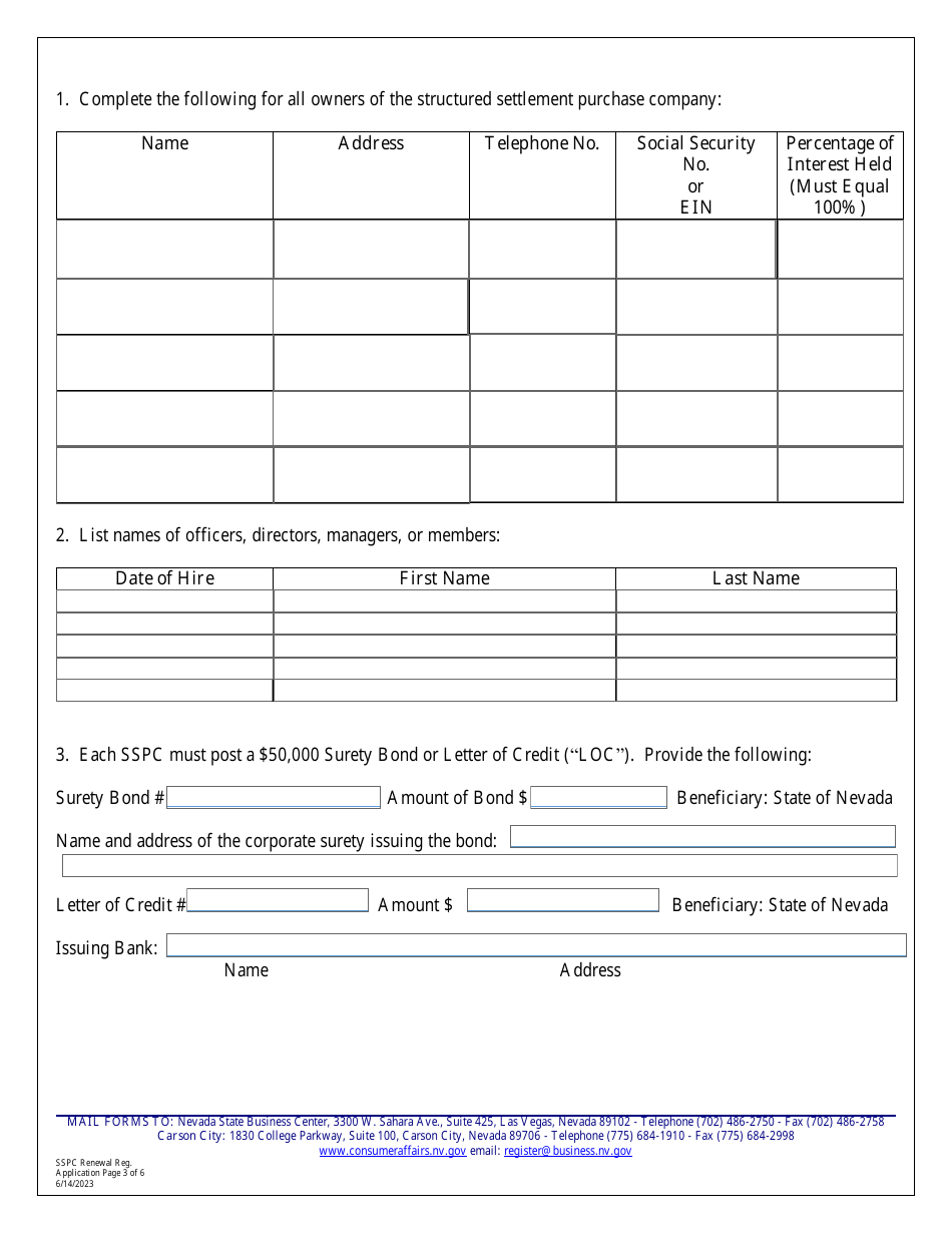 Structured Settlement Purchase Company Renewal Application for Registration - Nevada, Page 3