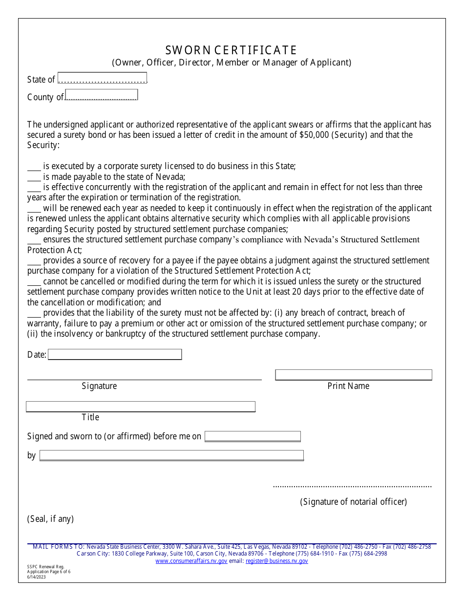 Structured Settlement Purchase Company Renewal Application for Registration - Nevada, Page 6