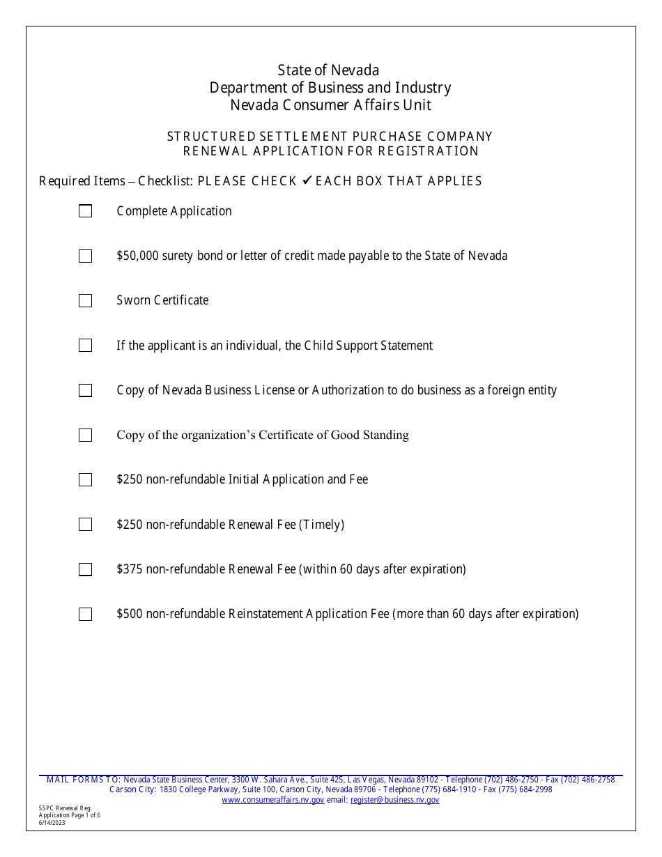 Nevada Structured Settlement Purchase Company Renewal Application for Registration Fill Out