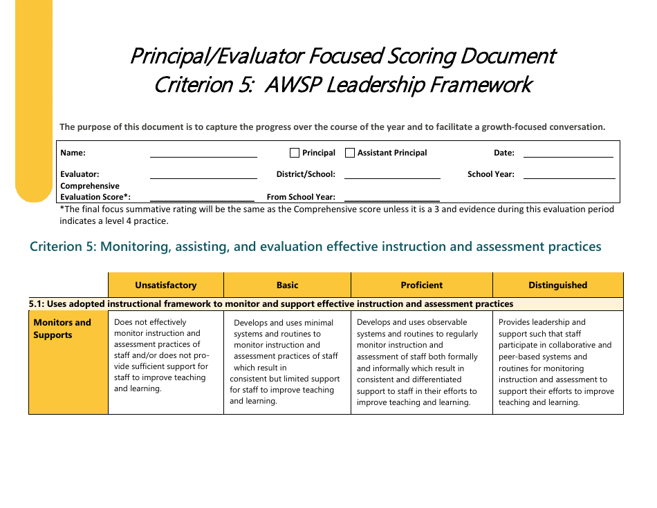 Principal / Evaluator Focused Scoring Document Criterion 5: Awsp Leadership Framework - Washington, Page 1