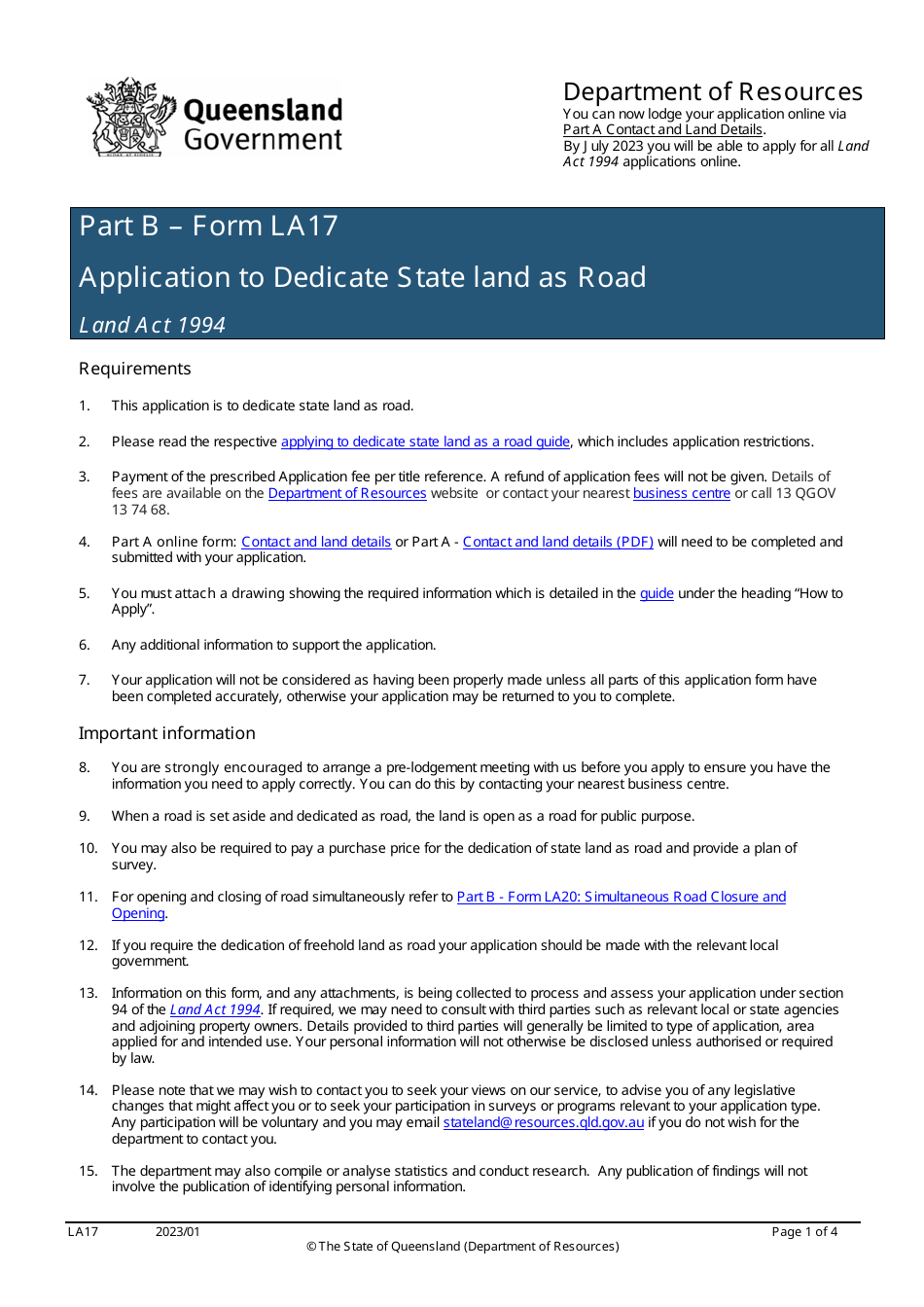 Form LA17 Part B Application to Dedicate State Land as Road - Queensland, Australia, Page 1