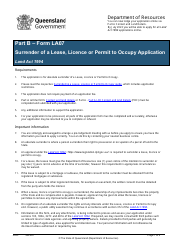 Document preview: Form LA07 Part B Surrender of a Lease, Licence or Permit to Occupy Application - Queensland, Australia