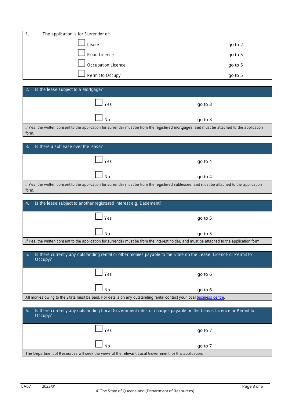 Form LA07 Part B Surrender of a Lease, Licence or Permit to Occupy Application - Queensland, Australia, Page 3