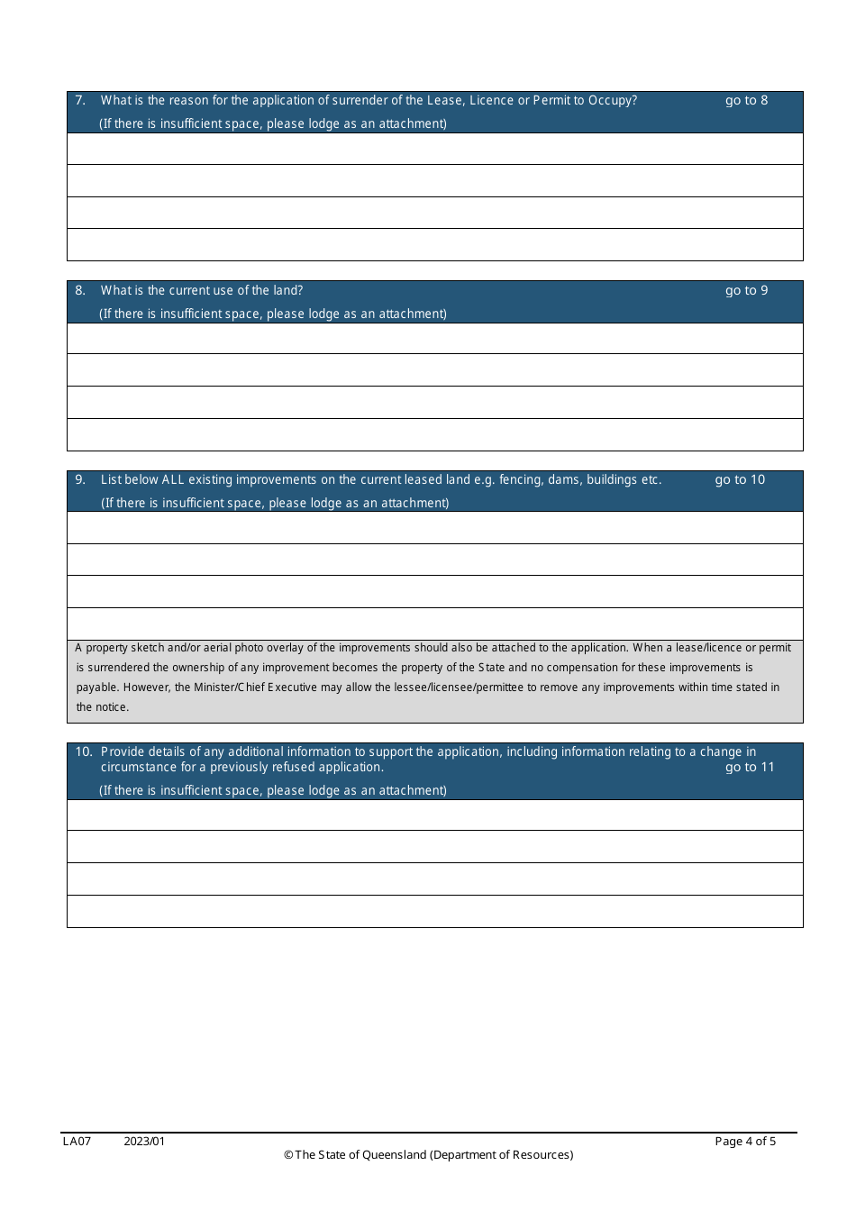 Form LA07 Part B Surrender of a Lease, Licence or Permit to Occupy Application - Queensland, Australia, Page 4