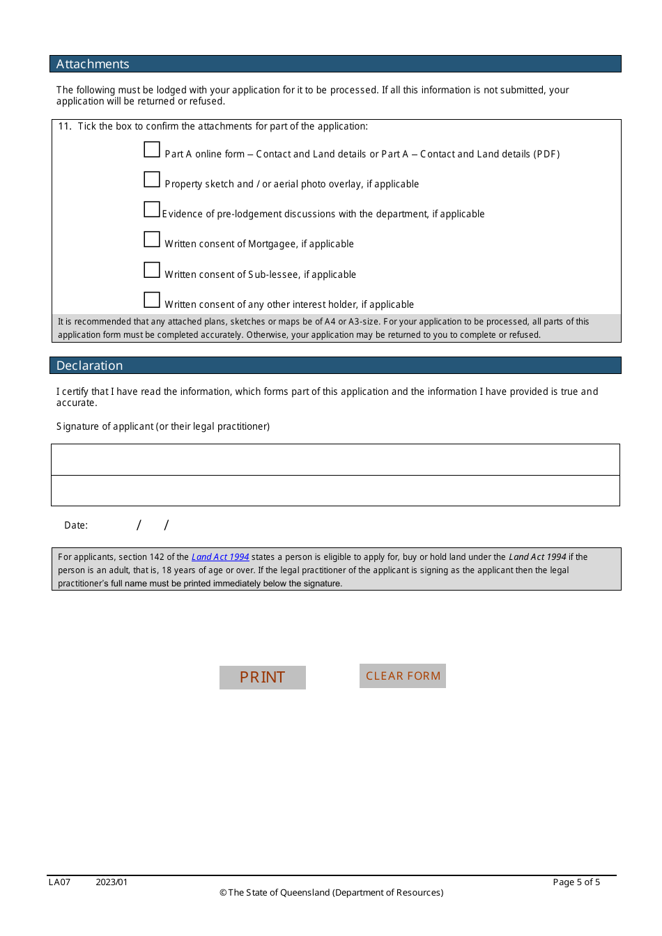 Form LA07 Part B Surrender of a Lease, Licence or Permit to Occupy Application - Queensland, Australia, Page 5