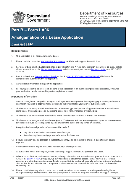 Form LA06 Part B Amalgamation of a Lease Application - Queensland, Australia