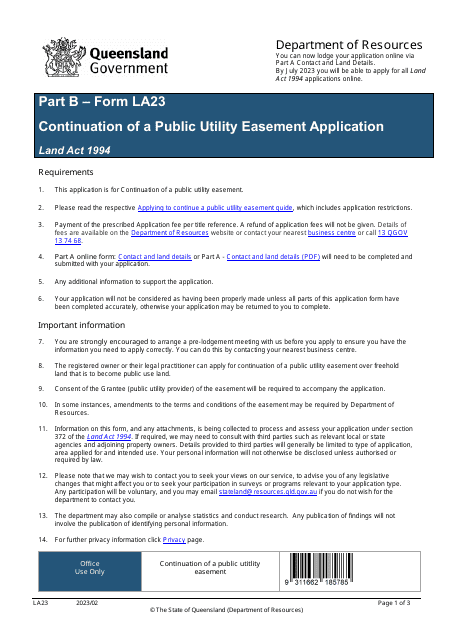 Form LA23 Part B Continuation of a Public Utility Easement Application - Queensland, Australia