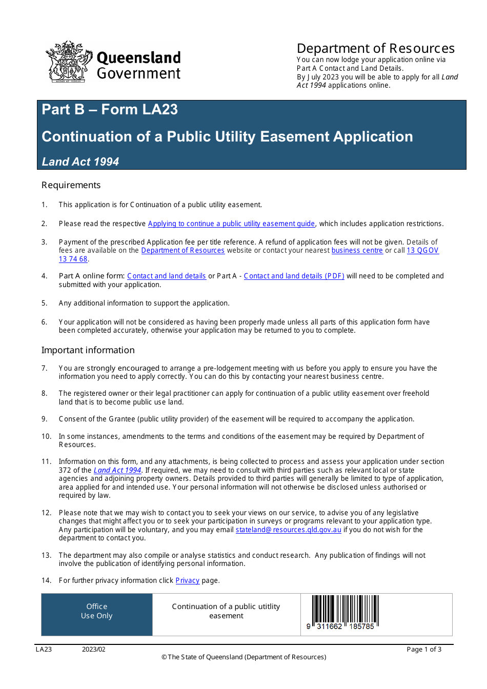Form LA23 Part B Continuation of a Public Utility Easement Application - Queensland, Australia, Page 1