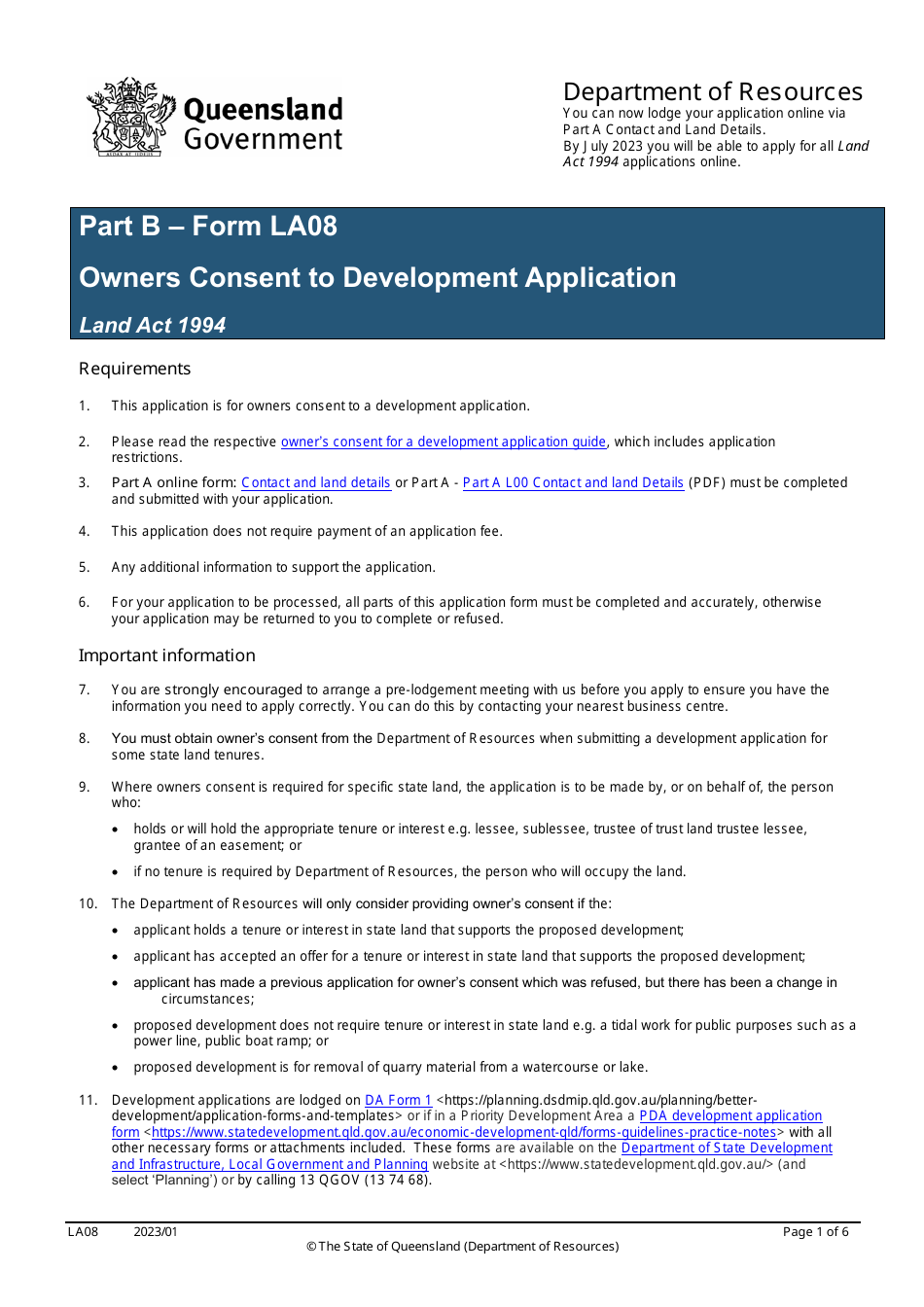 Form LA08 Part B Owners Consent to Development Application - Queensland, Australia, Page 1