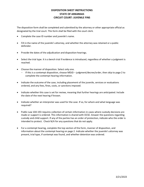 Instructions for Disposition Sheet - Juvenile Fins - Arkansas