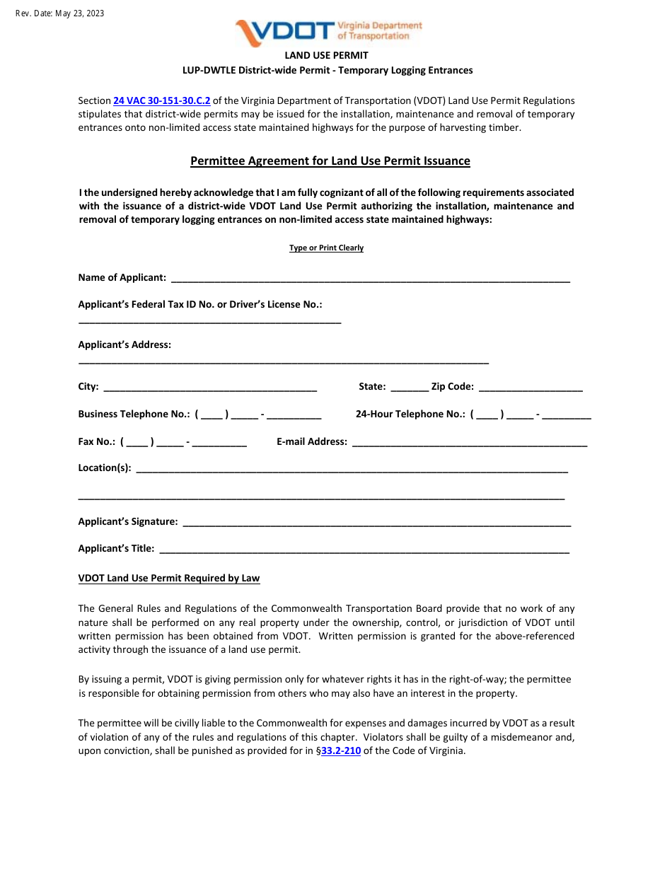 Form LUP-DWTLE Land Use Permit - District-Wide Permit - Temporary Logging Entrances - Virginia, Page 1