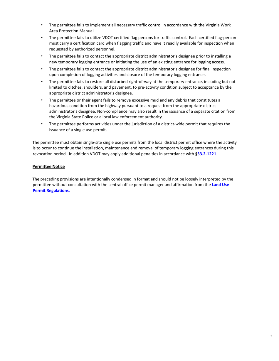 Form LUP-DWTLE Land Use Permit - District-Wide Permit - Temporary Logging Entrances - Virginia, Page 9